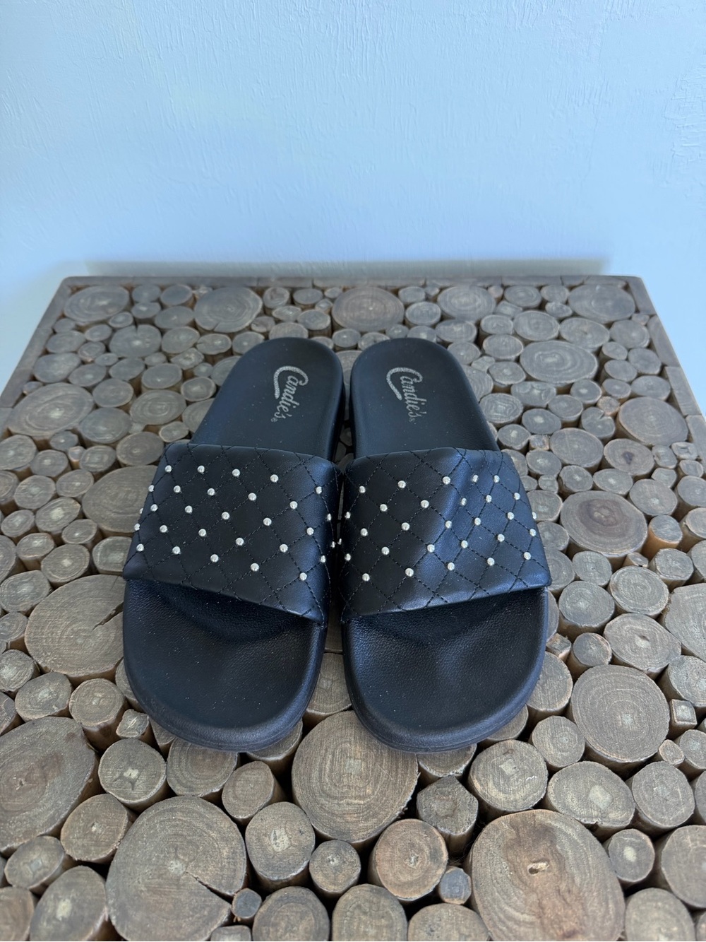 Candie's Black Quilted Slide Sandals with Studs